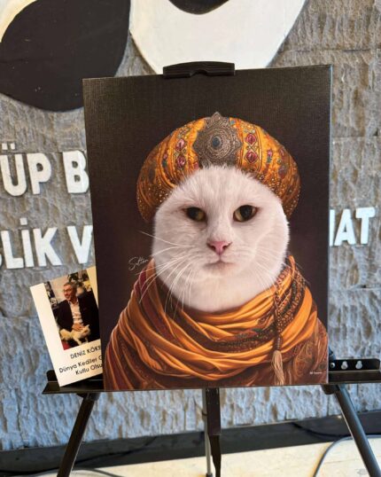 The Sir Dracula – Custom Design Pet Canvas features a white cat in an ornate golden turban and orange scarf on an easel, with a business card below and textured walls with faint writing as the backdrop for this unique display.