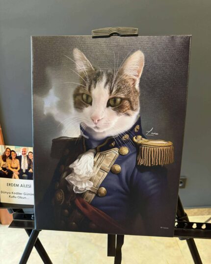 The Admiral Whisker - Nautical Custom Pet Portrait showcases a cat with white and tabby fur in a regal military uniform, styled as a classic portrait and displayed on an easel indoors.