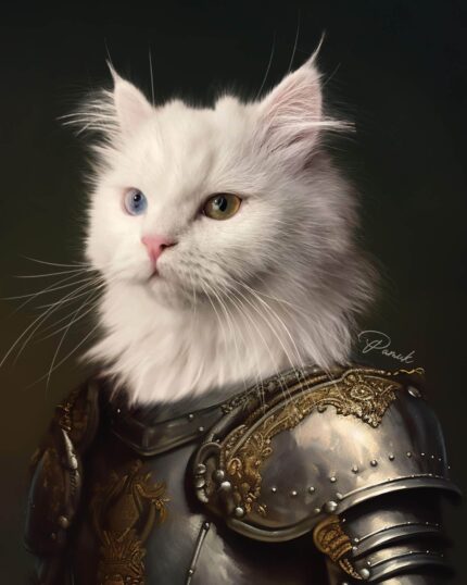 A regal white cat with heterochromia wears ornate silver and gold armor against a dark background—perfect for a "Guardian of the Realm - Custom Pet Portrait" pet canvas or canvas printing.