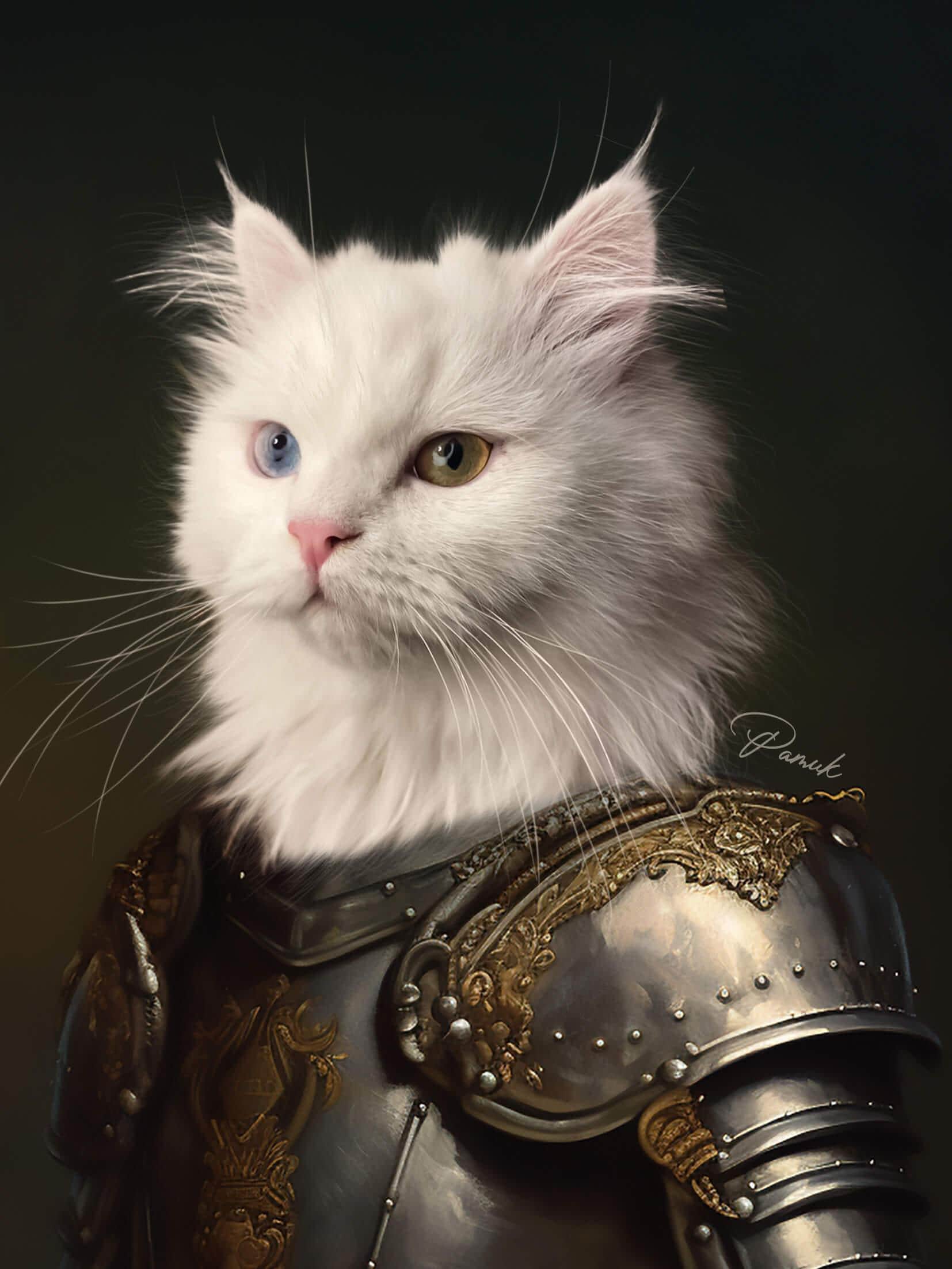A Regal White Cat With Heterochromia Wears Ornate Silver And Gold Armor Against A Dark Background—Perfect For A &Amp;Quot;Guardian Of The Realm - Custom Pet Portrait&Amp;Quot; Pet Canvas Or Canvas Printing. A regal white cat with heterochromia wears ornate silver and gold armor against a dark background—perfect for a "Guardian of the Realm - Custom Pet Portrait" pet canvas or canvas printing.