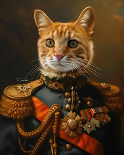 The Marshal's Portrait – Custom Design Pet Canvas features a regal orange tabby cat in a decorated military uniform, creating an elegant, classical touch for your home décor.