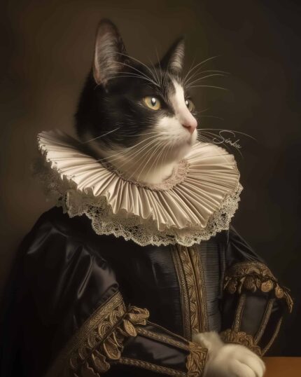 The Regal Paws - Custom Design Pet Canvas features a black and white cat in an ornate costume with a ruffled lace collar and gold-trimmed sleeves, posing regally against a painterly background for a truly striking display.