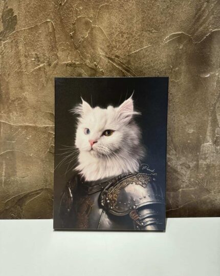 The "Guardian of the Realm - Custom Pet Portrait" features a white, long-haired cat in ornate medieval armor on a brown textured background, capturing your pet’s regal expression in the style of a classic noble painting.