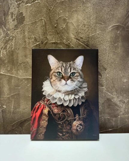 Aristocratic Whiskers - Custom Noble Pet Portrait: Your cat with striking green eyes in a red-and-gold robe and ruffled white collar, set against a brown backdrop—ideal for unique custom canvas printing.