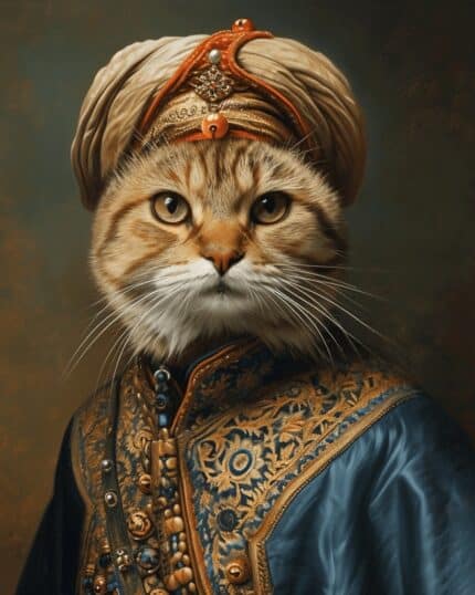 The Classy Gentleman – Custom Design Pet Canvas features a regal cat in gold-embroidered royal attire and jeweled turban against a dark, painterly background—perfect for immortalizing your pet in sophisticated style.