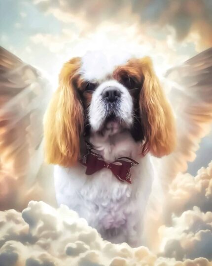 A Cavalier King Charles Spaniel with long ears, a red bow tie, and angel wings sits among clouds and a glowing sky on the Angelic Paws – Custom Design Pet Canvas, creating a heavenly, angelic look for your custom pet art.