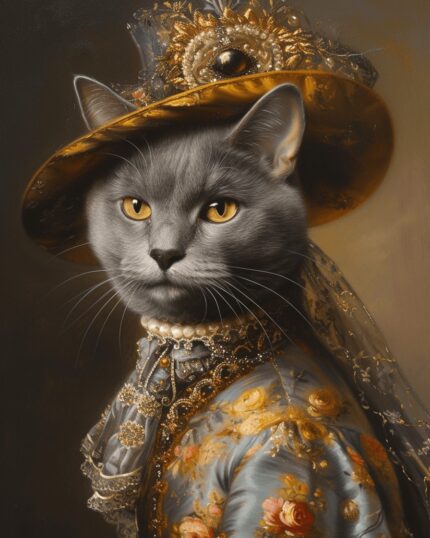 Royal Fluffy – Custom Design Pet Canvas features a regal gray cat in ornate vintage attire with gold embroidery, pearls, and a grand hat, posed in a classical portrait—ideal for elegant custom canvas prints.