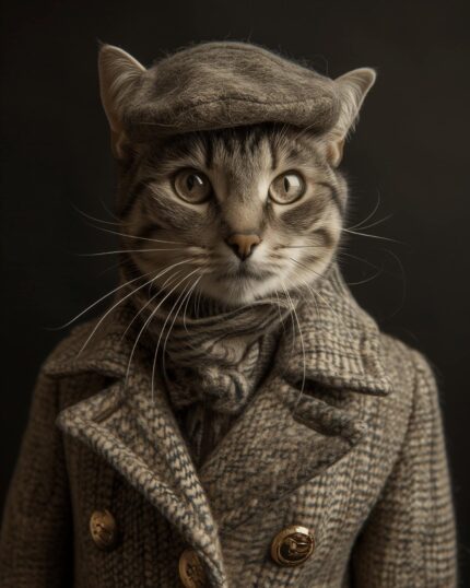 A tabby cat dressed in a Sherlock Holmes-style coat, scarf, and cap poses against a dark background—perfect for the Sherlock Holmes – Custom Design Pet Canvas to add sophistication to your decor.