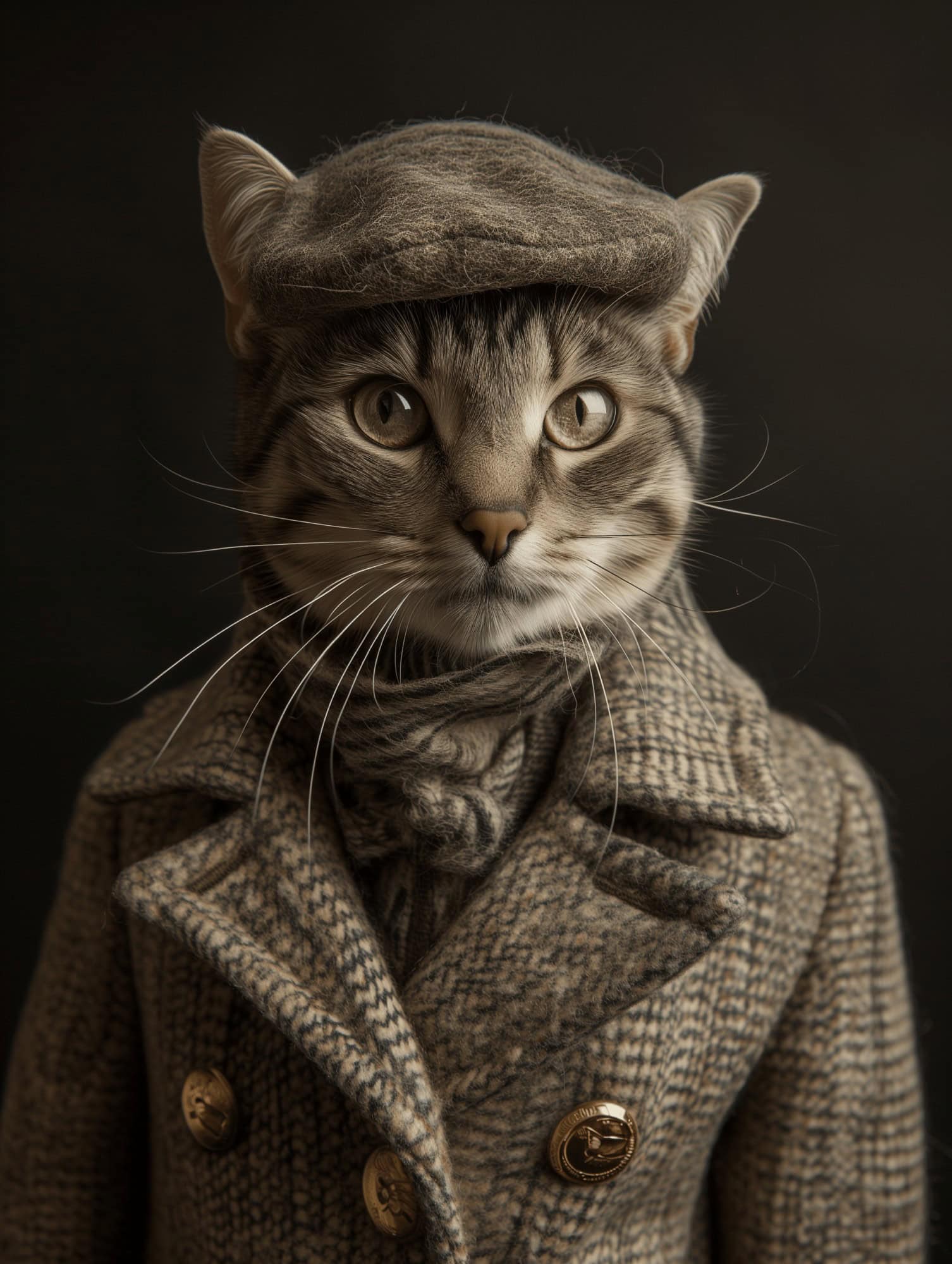 A tabby cat dressed in a Sherlock Holmes-style coat, scarf, and cap poses against a dark background—perfect for the Sherlock Holmes – Custom Design Pet Canvas to add sophistication to your decor.