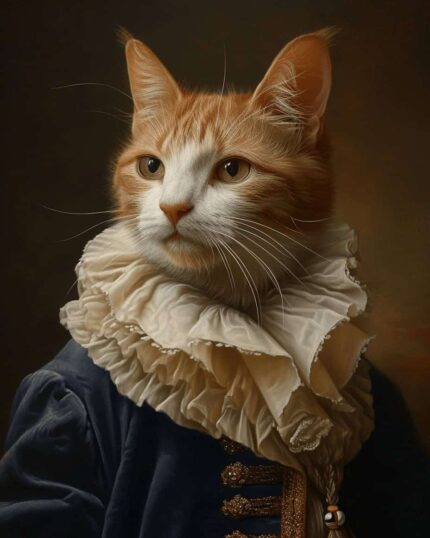The Classy Gentleman – Custom Design Pet Canvas features a regal orange and white cat in a royal outfit with a ruffled collar and dark blue coat, set against a dark background—ideal for personalized pet art.