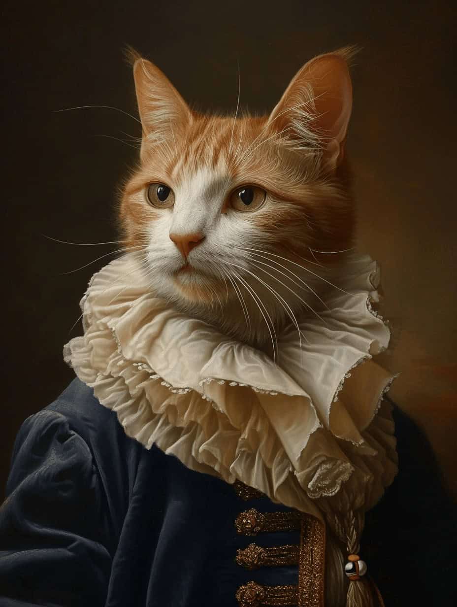 The Classy Gentleman – Custom Design Pet Canvas features a regal orange and white cat in a royal outfit with a ruffled collar and dark blue coat, set against a dark background—ideal for personalized pet art.