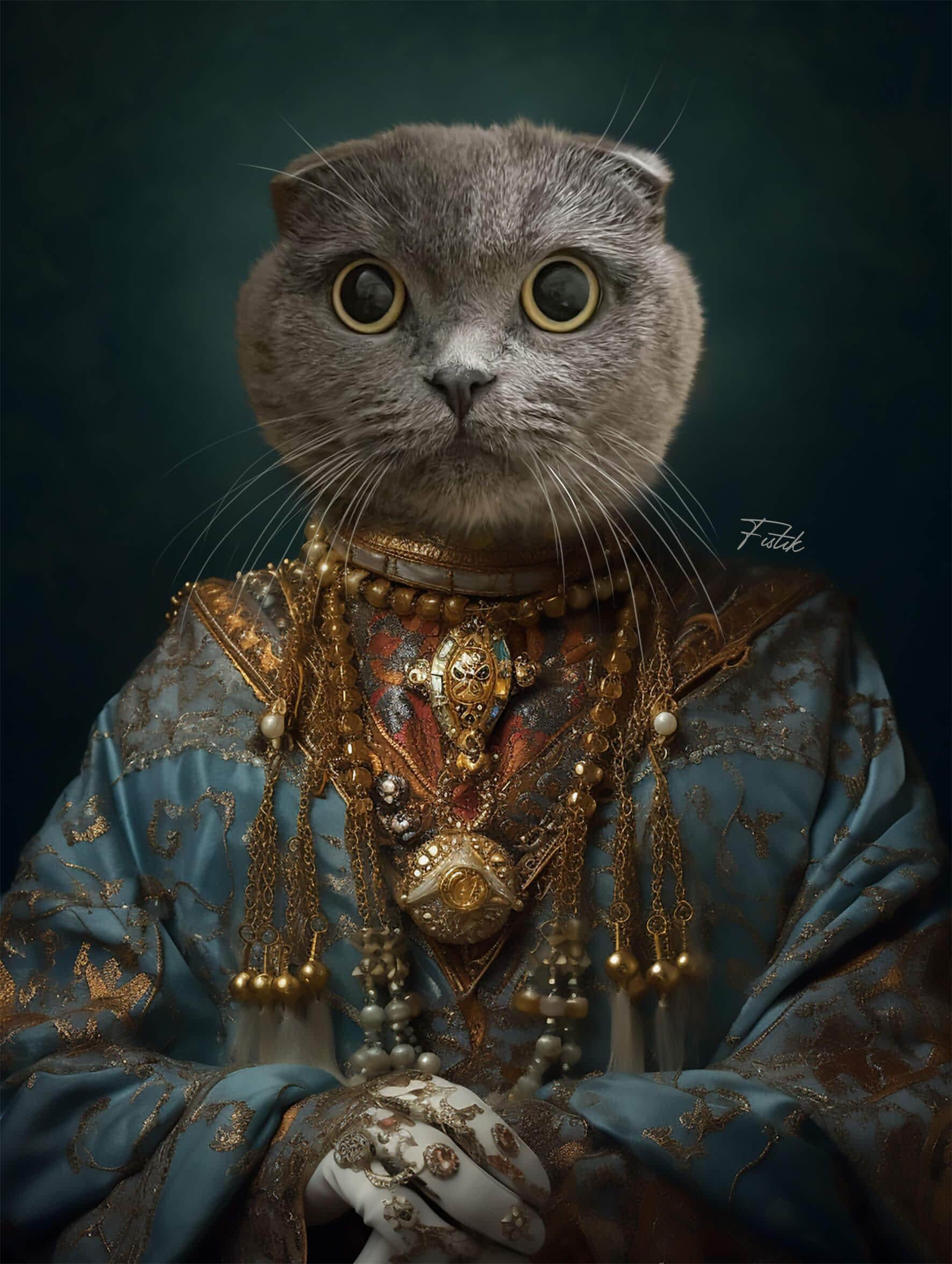 Transform Your Pet Into Royalty With The Majestic Mouser - Aristocratic Pet Portrait, Featuring A Gray Cat In Lavish Royal Attire And Gold Jewelry, Posed Regally Against A Dark Background With Dramatic Lighting—Ideal For Custom Pet Canvases. Transform your pet into royalty with the Majestic Mouser - Aristocratic Pet Portrait, featuring a gray cat in lavish royal attire and gold jewelry, posed regally against a dark background with dramatic lighting—ideal for custom pet canvases.