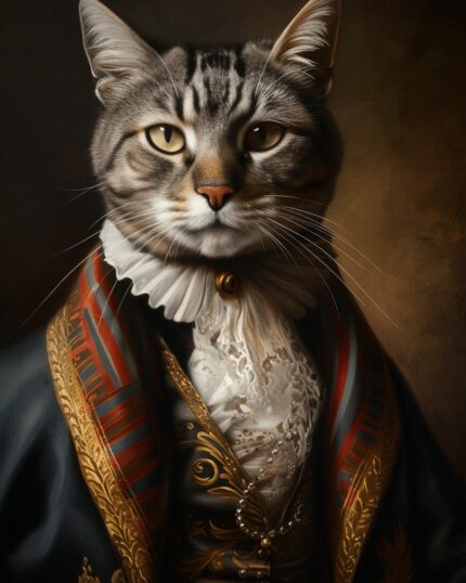 Sir Dracula – Custom Design Pet Canvas features a tabby cat in aristocratic 18th-century attire, posed regally—perfect for showcasing your distinguished companion with an elegant, custom canvas print.