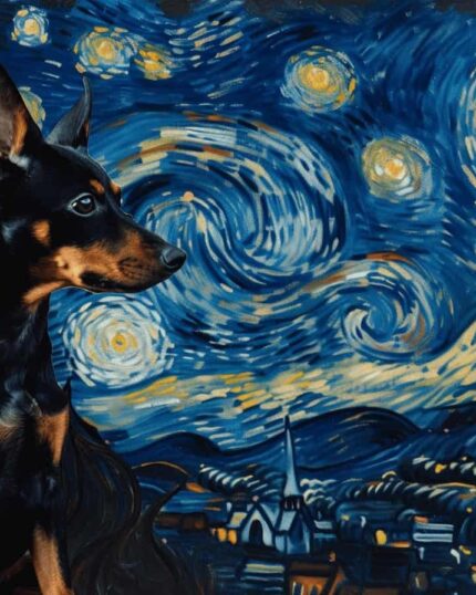A small black and tan dog sits before the Starry Night – Custom Design Pet Canvas, featuring swirling blue skies, bright stars, and a crescent moon over a village in the style of Van Gogh’s “Starry Night.”.