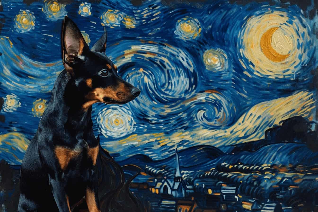 A small black and tan dog sits before the Starry Night – Custom Design Pet Canvas, featuring swirling blue skies, bright stars, and a crescent moon over a village in the style of Van Gogh’s “Starry Night.”.