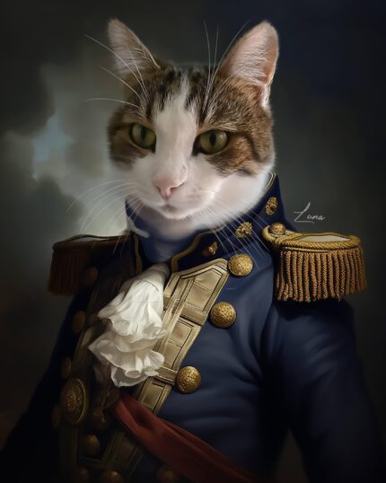 A tabby and white cat in a blue and gold military uniform poses for a classic portrait—Admiral Whisker, the perfect Nautical Custom Pet Portrait for fans of regal canvas printing.