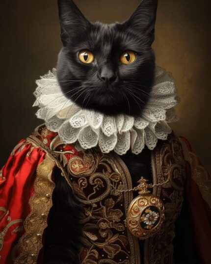 The Black Cat Renaissance – Custom Design Pet Canvas features a black cat with yellow eyes in a red velvet Renaissance outfit, creating a striking portrait ideal for elegant canvas printing or custom pet decor.