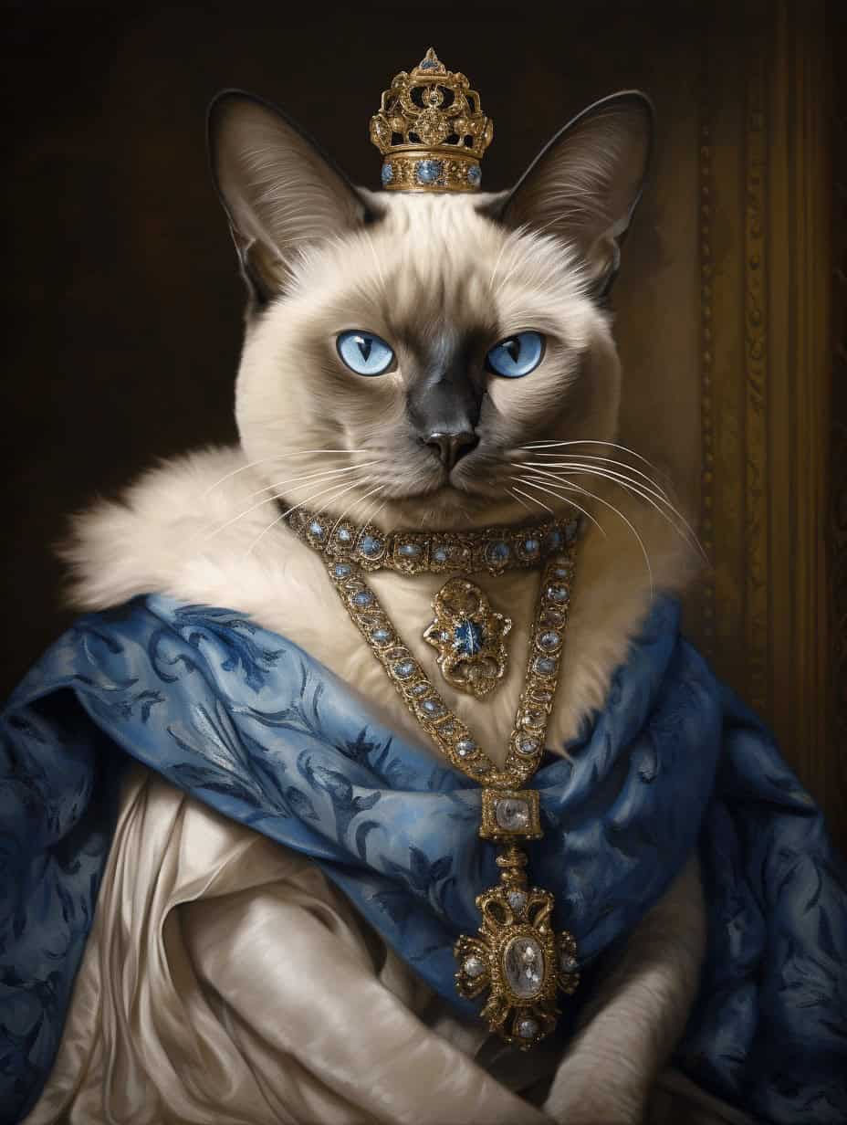 Showcase your beloved companion with the "Regal Feline Elegance - Custom Royal Pet Portrait," featuring a Siamese cat with blue eyes in a jeweled crown, ornate necklace, and royal robes against a dramatic dark background.