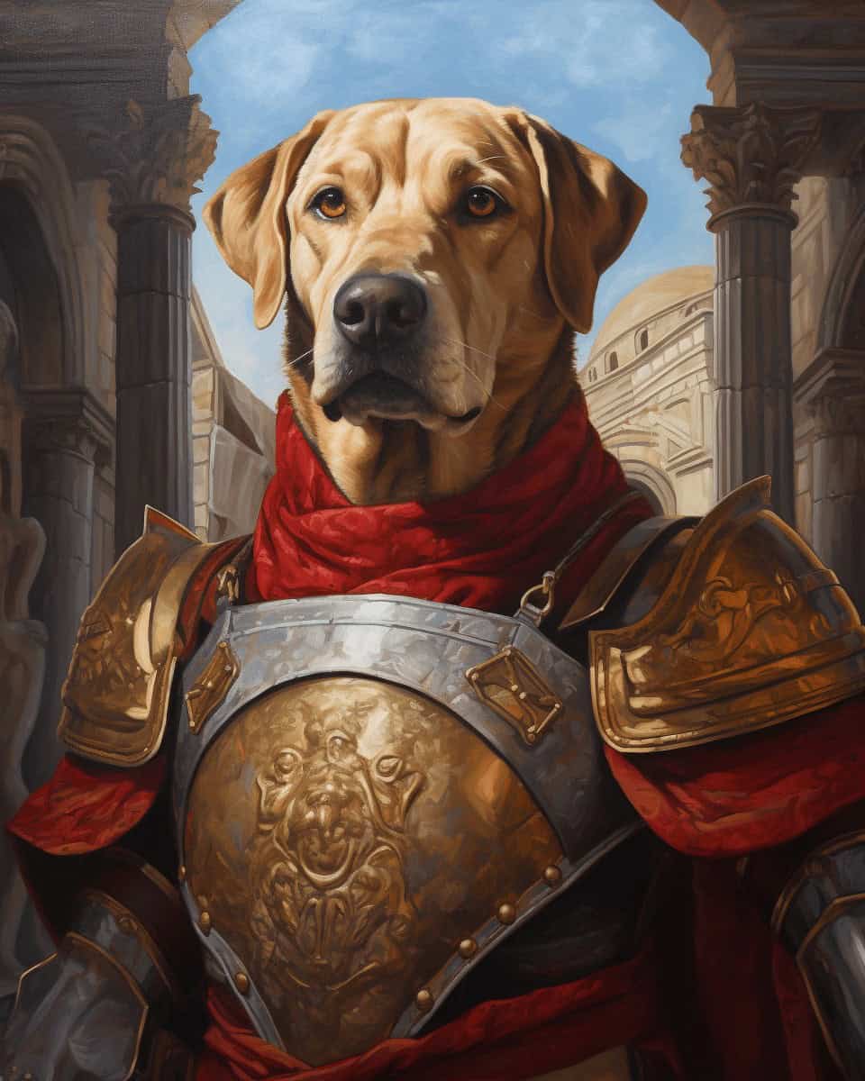 The Gallant Guardian - Custom Warrior Pet Portrait features a yellow Labrador in ornate medieval armor and a red cape, standing proudly under ancient stone arches—an ideal custom canvas for pet lovers.