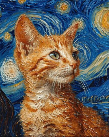 The Starry Night – Custom Design Pet Canvas features a ginger cat painted in a Van Gogh-inspired style, with swirling skies and textured brushstrokes—perfect for custom canvas or canvas printing enthusiasts.