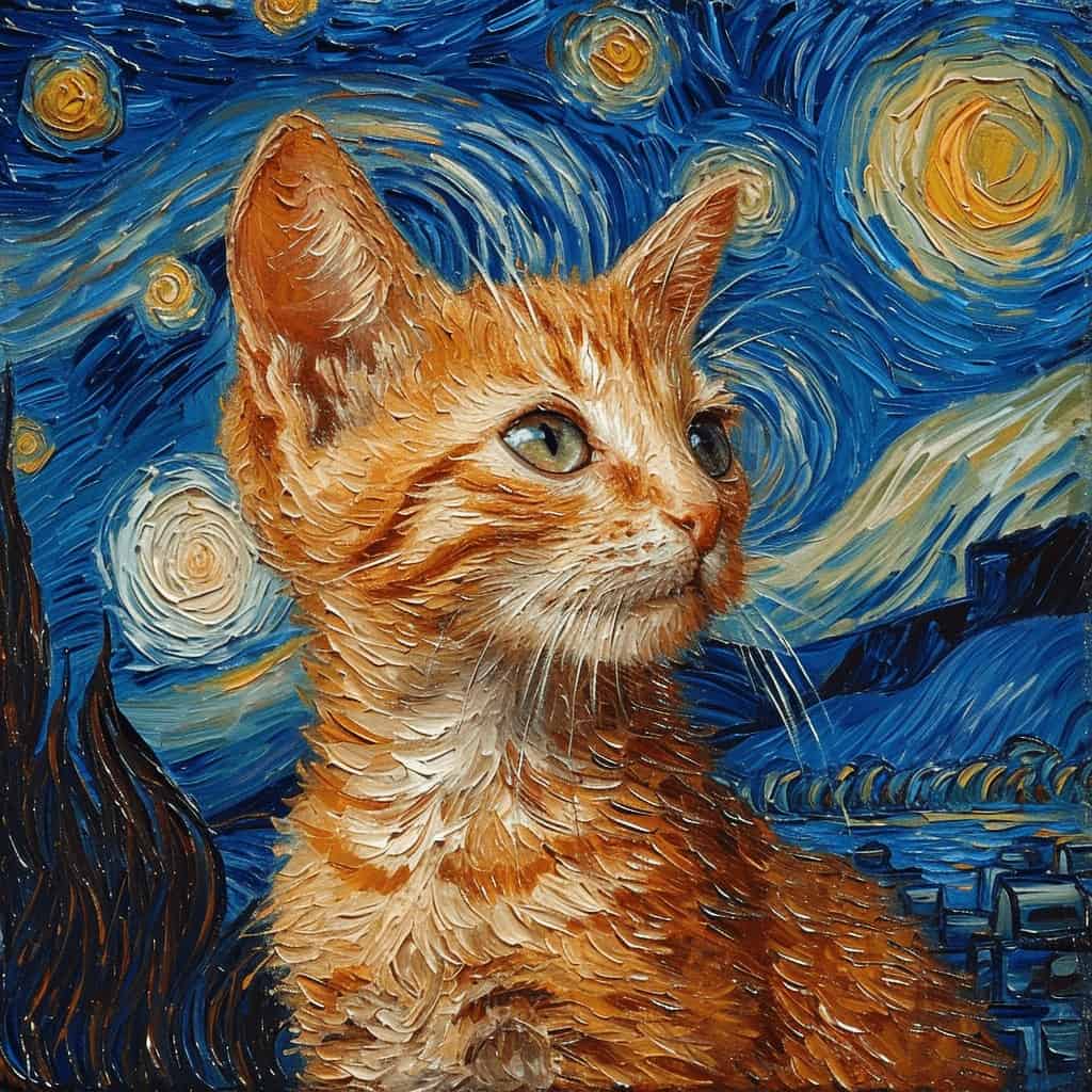 The Starry Night – Custom Design Pet Canvas Features A Ginger Cat Painted In A Van Gogh-Inspired Style, With Swirling Skies And Textured Brushstrokes—Perfect For Custom Canvas Or Canvas Printing Enthusiasts. The Starry Night – Custom Design Pet Canvas features a ginger cat painted in a Van Gogh-inspired style, with swirling skies and textured brushstrokes—perfect for custom canvas or canvas printing enthusiasts.