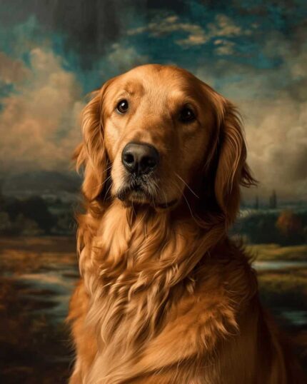 A golden retriever sits calmly, gazing at the camera against a detailed landscape—perfect for the Dramatic Photorama – Custom Design Pet Canvas, capturing the dog's shiny fur and evoking a warm, classic atmosphere.