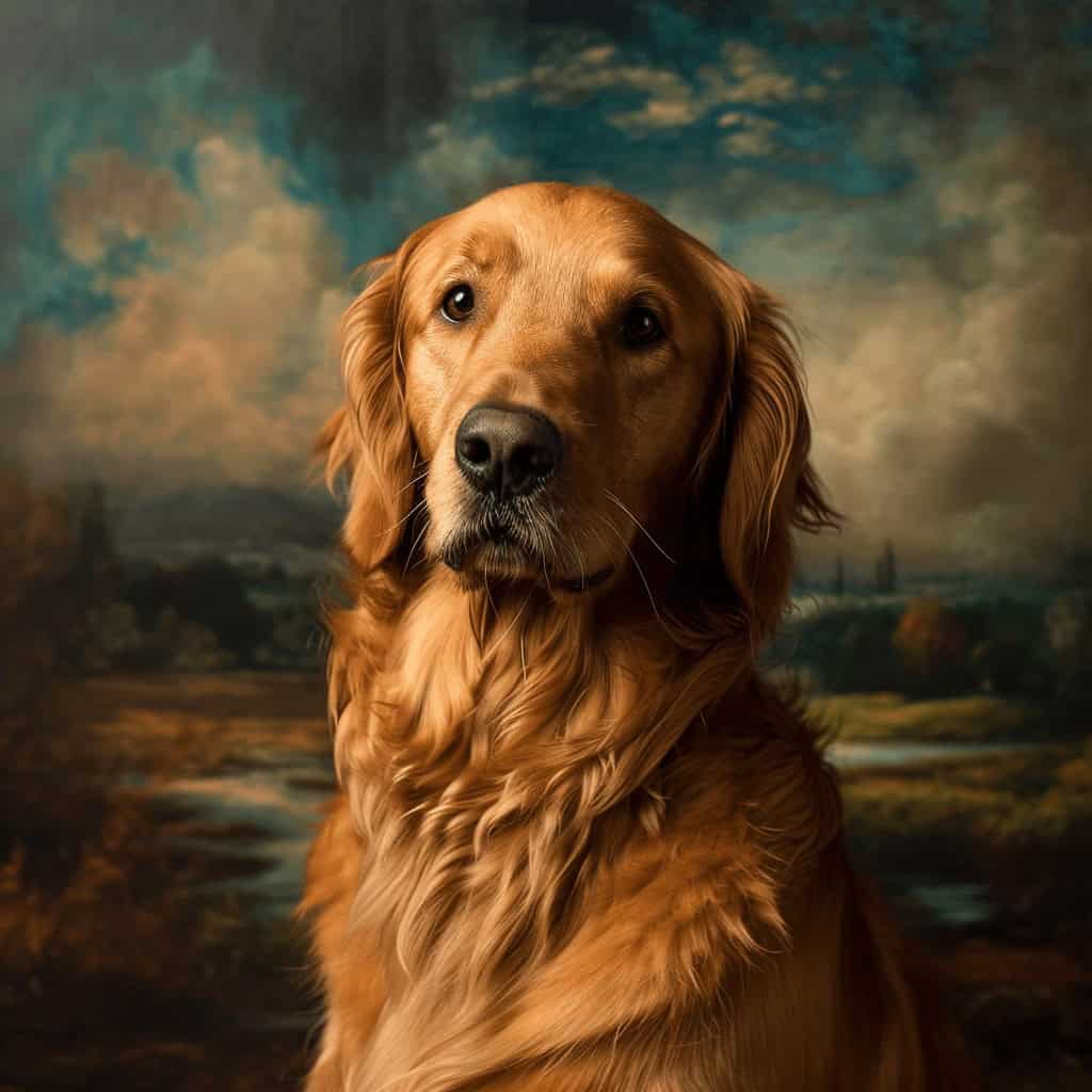 A golden retriever sits calmly, gazing at the camera against a detailed landscape—perfect for the Dramatic Photorama – Custom Design Pet Canvas, capturing the dog's shiny fur and evoking a warm, classic atmosphere.