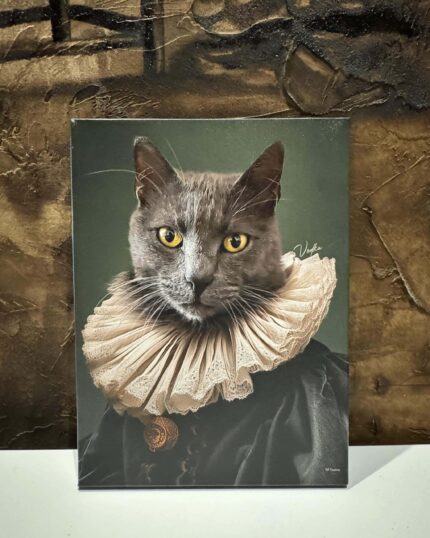 William Catspeare – Custom Design Pet Canvas features a painted portrait of your pet as a gray cat in an ornate Elizabethan collar and clothing, offering timeless elegance for your home décor.