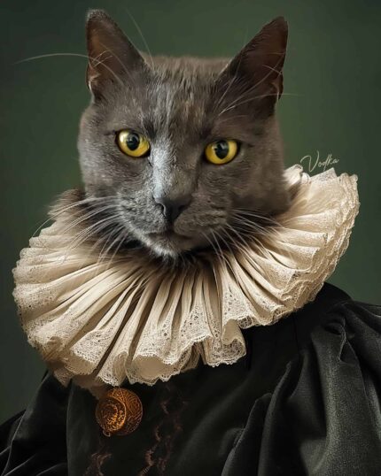 A gray cat with yellow eyes wears a ruffled collar and dark period clothing, resembling a historical portrait on the William Catspeare – Custom Design Pet Canvas against a dark green background.