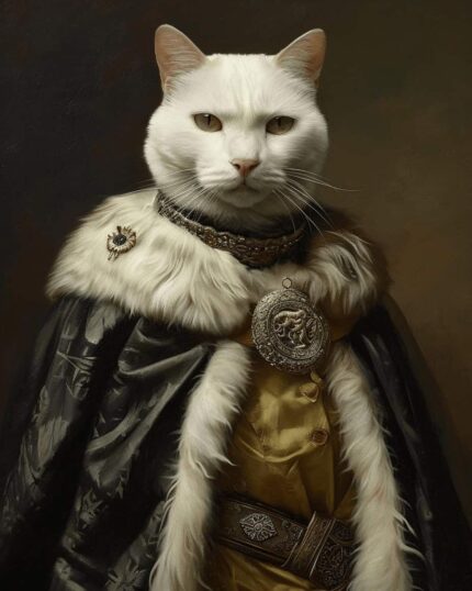 Transform your feline into true aristocracy with the "John Snow – Custom Design Pet Canva," featuring a white cat in a regal black and gold cloak, ornate jewelry, and medallion, posed in a royal portrait style.