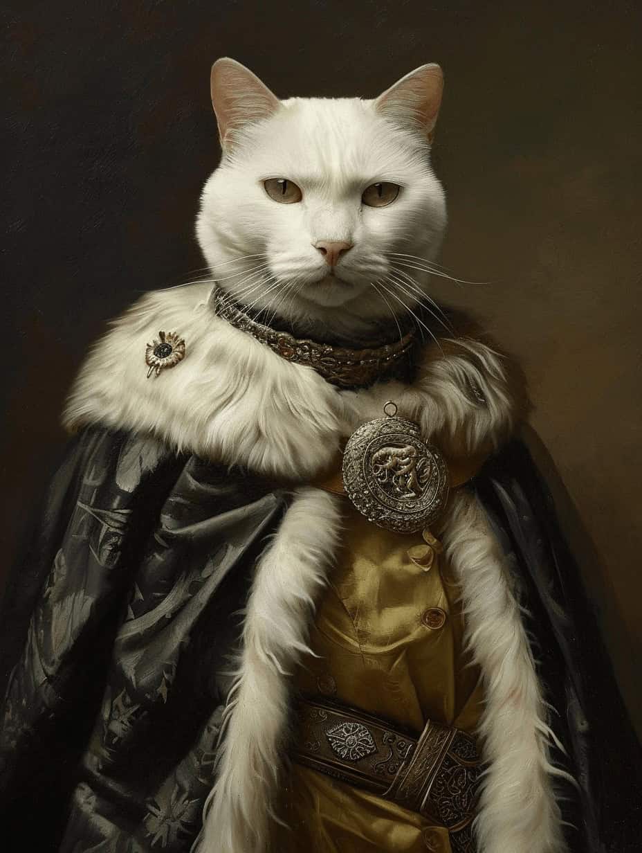 Transform your feline into true aristocracy with the "John Snow – Custom Design Pet Canva," featuring a white cat in a regal black and gold cloak, ornate jewelry, and medallion, posed in a royal portrait style.