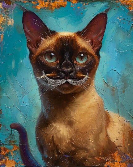 A painting of a Siamese cat with vivid blue eyes and a playful white mustache. Vibrant blue and orange strokes make the Salvador Dali Style – Custom Design Pet Canvas perfect for artful pet lovers.