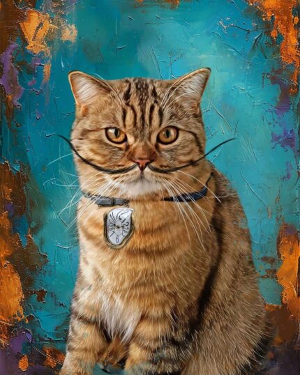 Showcase your pet with the Salvador Dali Style – Custom Design Pet Canvas, featuring a digital painting of a brown tabby cat with amber eyes and a melting clock pendant against a vibrant blue and orange textured background.