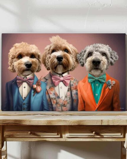 The Office Boys - Custom Design Pet Canvas features three dogs in colorful suits and bow ties, posed together like a formal portrait. This unique artwork captures each dog's personality and adds a stylish touch to your home decor.
