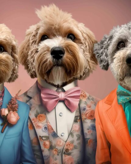 Three dogs in colorful suits and bow ties pose against a gradient backdrop. "The Office Boys - Custom Design Pet Canvas" captures their unique charm, perfect for stunning pet portrait canvas printing or custom decor.