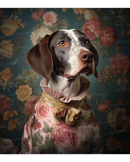 The Noble Blossom Floral Elegance Pet Canvas features a dog in vintage floral attire against a matching backdrop, gazing up regally—an ideal choice for capturing timeless pet elegance in your custom design.
