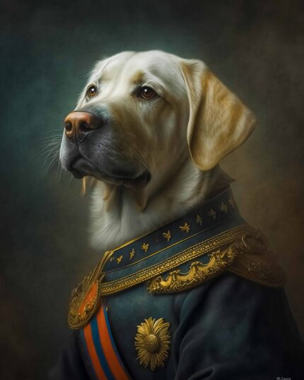 A yellow Labrador dressed in ornate military attire with gold detailing poses regally in a classic portrait—the perfect custom design for "The Commander – Custom Design Pet Canvas" to elevate your home décor.