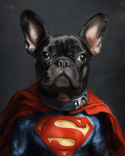 A French Bulldog in a Superman costume with a red cape and S logo poses against a dark background—perfect inspiration for "The Super – Custom Design Pet Canvas.