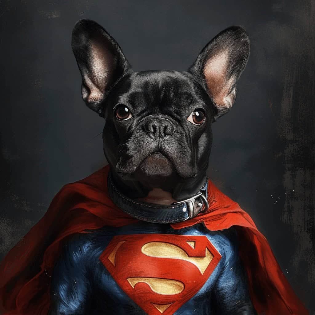 A French Bulldog In A Superman Costume With A Red Cape And S Logo Poses Against A Dark Background—Perfect Inspiration For &Amp;Quot;The Super – Custom Design Pet Canvas. A French Bulldog in a Superman costume with a red cape and S logo poses against a dark background—perfect inspiration for "The Super – Custom Design Pet Canvas.