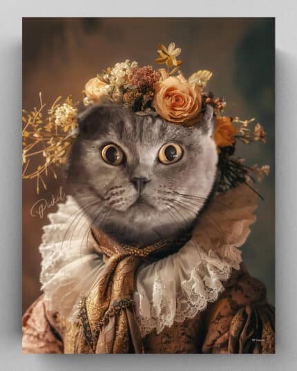 Geniş gözlü gri bir kedi, tarihi portre tarzında vintage tarzı kıyafetler ve çiçekli bir başlık takıyor. Yumuşak arka plan, onun asil görünümünü vurgular — Floral Elegance – Custom Design Pet Canvas için idealdir.
