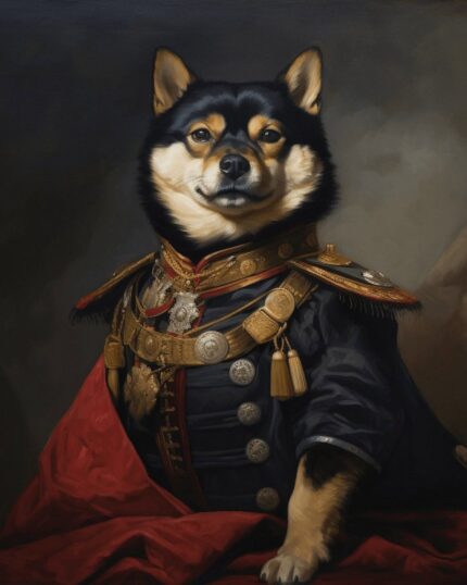 The Veteran Hero – Custom Design Pet Canvas features a regal Shiba Inu in a decorated military uniform with medals and a red draped cloth, set against a dark, classical background—ideal for personalized pet portrait printing.