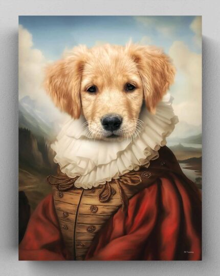 Leonardo's Brilliance– Custom Design Pet Canvas showcases a golden-furred dog in aristocratic attire with a white ruffled collar and red and gold robe, set before a scenic painted landscape—an exquisite personalized artwork.