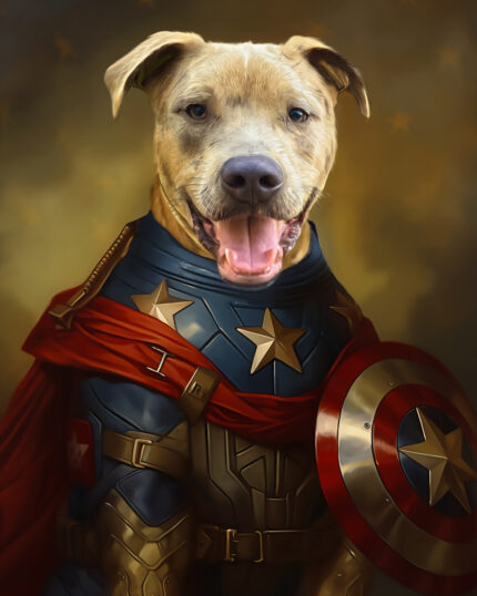 A light brown dog dressed as a superhero poses with a star-studded blue suit, red cape, and red, white, and blue shield against a starry dark background—The Paws of Justice - Captain Lab America Custom Pet Canvas.