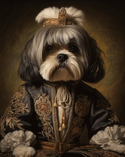 A small dog with long black and white fur wears a royal costume and gold crown, posing regally against a dark background—the perfect portrait for The Dame – Custom Design Pet Canvas.