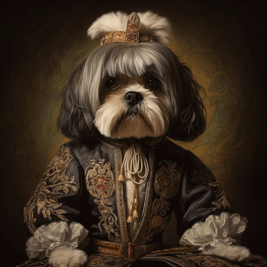 A small dog with long black and white fur wears a royal costume and gold crown, posing regally against a dark background—the perfect portrait for The Dame – Custom Design Pet Canvas.