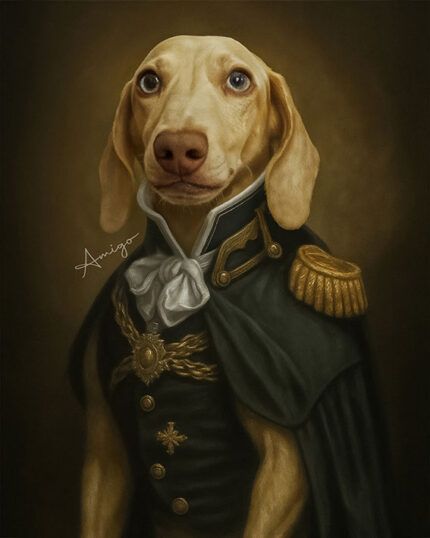 Dogs dressed as historical military officers in royal uniforms.