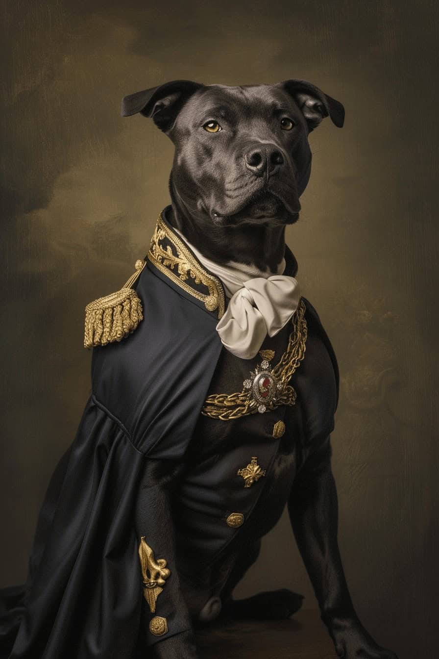 A black dog in a gold-trimmed military uniform with a white cravat poses regally on a dark backdrop—perfect for "The War Hero – Custom Design Pet Canvas" and unique custom canvas printing.