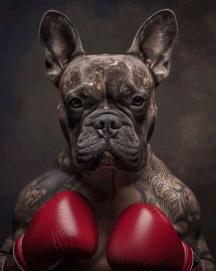 A French Bulldog with tattooed arms and red boxing gloves poses fiercely against a dark background. The Boxer – Custom Design Pet Canvas is perfect for showcasing your pet's bold personality.