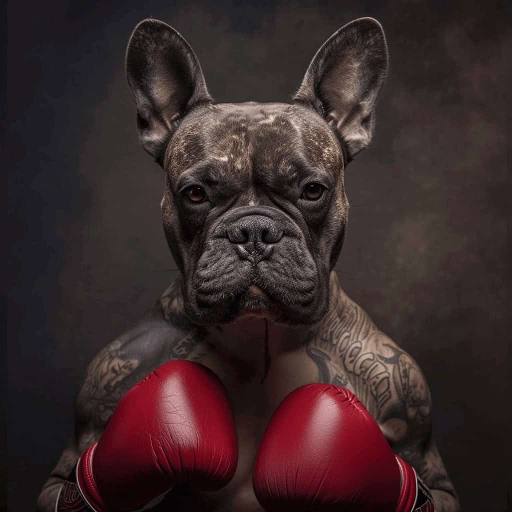 A French Bulldog with tattooed arms and red boxing gloves poses fiercely against a dark background. The Boxer – Custom Design Pet Canvas is perfect for showcasing your pet's bold personality.