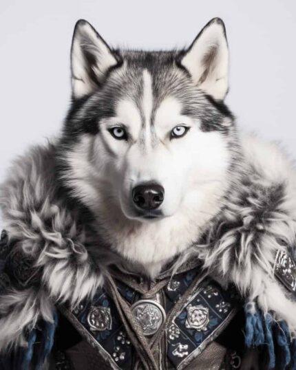 The Winter Guardian – Custom Design Pet Canvas features a Siberian husky with vivid blue eyes in ornate medieval armor, accented by fur and fine patterns, set against a light background—ideal for creating a striking pet portrait.
